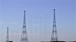Short Wave and Medium Wave transmitters on Kvitsøy, seen from the ferry.  The transmitters were dismantled in 2012
